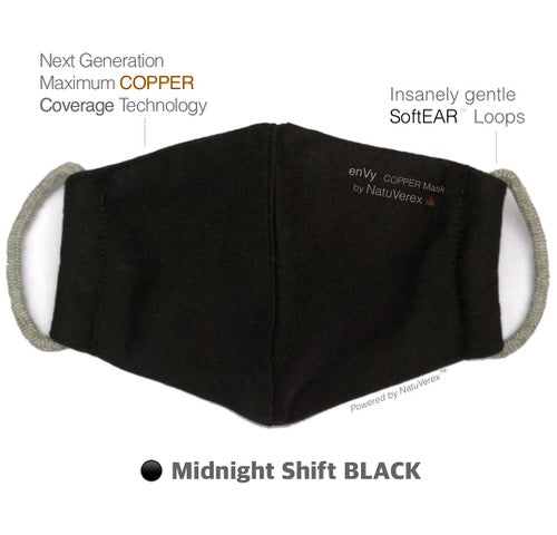 2 pack Black ML COPPER Infused Face Masks by enVy- Midnight Shift Black - Size M/L